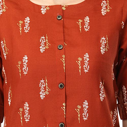 Image of OM SAI LATEST CREATION Slub Rayon Fully Stitched Anarkali Foil Print Kurti for Women & Girls on Jeans Palazzo or Skirt (Plus Size Upto 2XL) (Black)