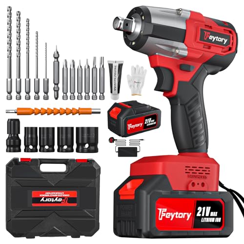 Cordless Impact Wrench, Brushless 1/2 Power Impact Driver, 2500RPM & Max Torque 550Nm, High Torque Electric Wrench with 4 Socket Set, 12 Drill Set ,1 Battery, 1 Charger and 1 Carry Box, for Car Home