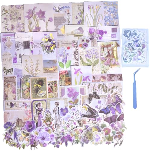 CHRYCELESTE 200pcs Vintage Purple Scrapbook Stickers and Paper, Journal Stickers Kit, Junk Journal Paper Kit - Flowers Butterflies,Plastic Case Packaging with Handy Pliers(Purple Reverie)
