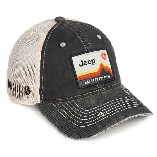 Jeep Have Fun Out There Patch Garment Washed Trucker Hat Unstructured for Men & Women - Adjustable Snapback Baseball Cap (US, Alpha, One Size, Black)