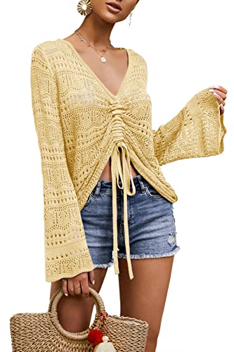 Image of Saodimallsu Womens Boho Off Shoulder Sheer Crop Tops Bell Sleeve Flowy Oversized Crochet Ruched Pullover Sweaters