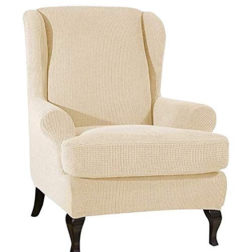VanderHOME Funda elástica de Sillón Orejero Color sólido Antideslizante Duradera Fundas de sillón con Orejas Fundas de Silla elástica con Cojin Separado Protector de Muebles Jacquard Beige Claro Cover