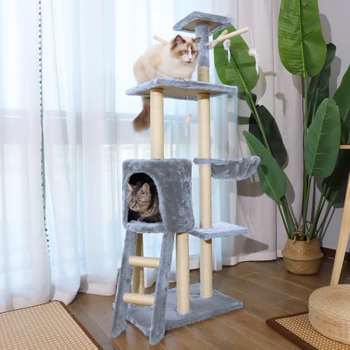 Torre para gato interior de 54.3 pulgadas con hamaca y condo miniatura 2