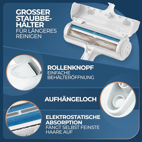 PORTENTUM Tierhaarentferner Fusselrolle, Fusselroller für Hundehaare und Katzenhaare Wiederverwendbar, Fusselbürste für Tierhaar, für Sofa, Bett, Teppich, Kratzbaum, weiß