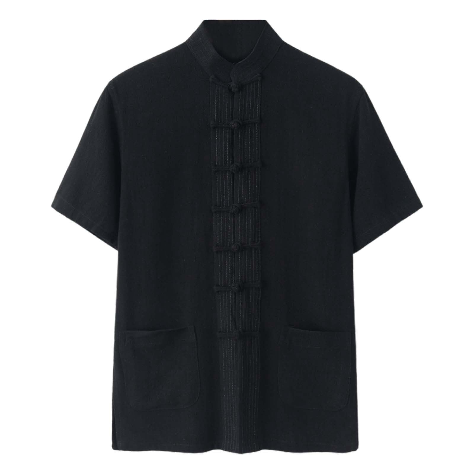Tai Chi Shirt Men's Tang Suit Chinese Style Linen Shirt Short Sleeve Cotton Shirts with Pockets Plain Traditional Martial Arts Clothing Breathable Kung Fu Top Summer Hanfu, O Black, M