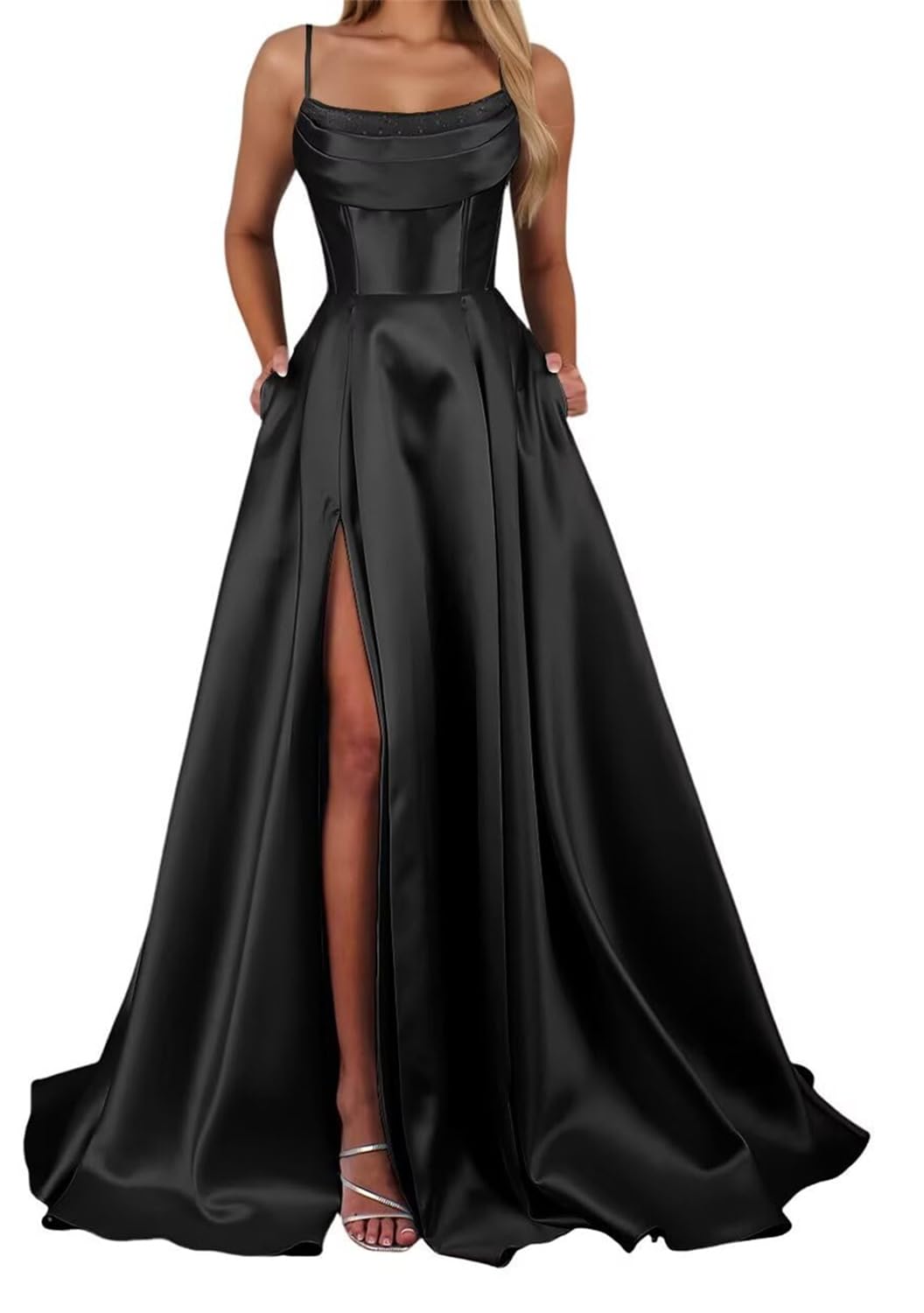 YIANN Satin Black Prom Dresses with Slit Spaghetti Strap Formal Dress Sleeveless Long Ball Gown UK18