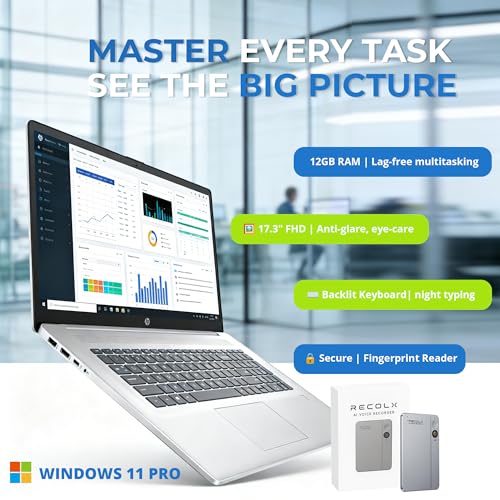 Image of HP 17.3-inch FHD Laptop 2026 - Intel i5-1334U, 12GB RAM 512GB SSD, Backlit Keyboard, Fingerprint Reader, Windows 11 Pro Business Office Computer, Privacy Webcam, Copilot AI, Bundle AI Voice Recorder