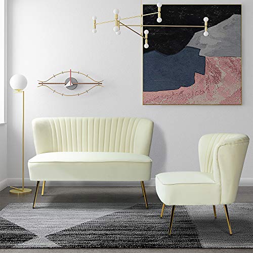 Tina's Home Contemporary Velvet Loveseat Sofa, Upholstered Loveseat Couch With Golden Metal Legs, Small Tufted 2-Seat Sofa Armless Love Seat For Living Room, Bedroom, Apartment Small Spaces, Ivory #TOP4