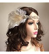 Aukmla 1920s Flapper Headband White Vintage Pearl Feather Great Gatsby Headpiece Rhinestones Cost...