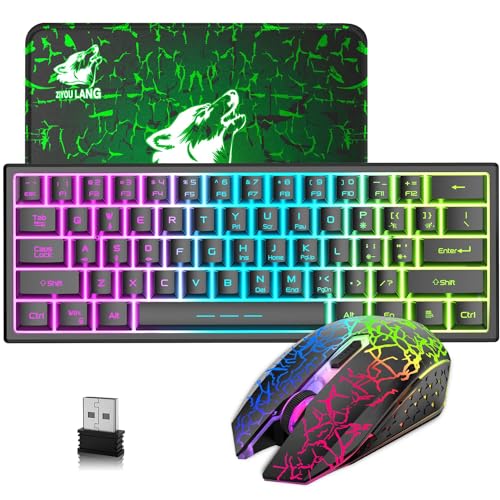 2.4GHz Tastatur Maus Gaming Set Kabellos Beleuchtet, 61 Tasten Regenbogen 3800mAh Wederaufladbare Mechanische Feel Tastatur, 2400 DPI Regenbogenlicht-LED 6 Tasten Maus, Kompatibel PC-Schwarz