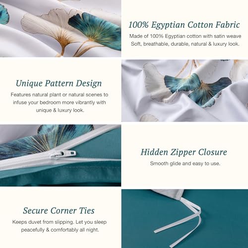MILDLY 100% Long-Staple Cotton Duvet Cover Set Teal Green Gingko Leaf Pattern Printed Comforter Cover 3pcs, Ultra Soft & Breathable Bedding Set