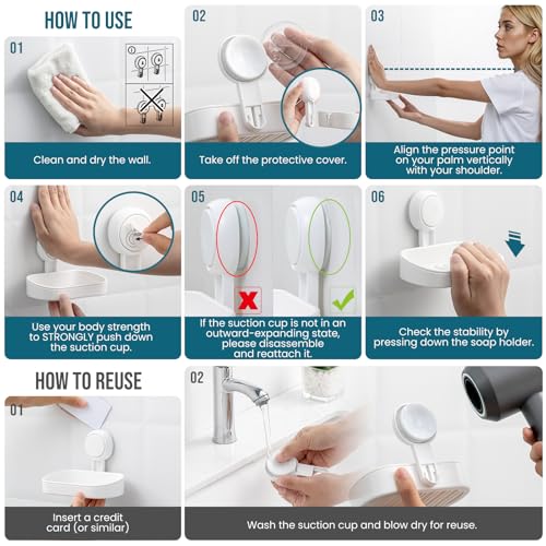 Taili Suction Soap Dish For Shower, Max Hold 3 Kg Shower Soap Holder For Bathroom, Wall Mounted Sponge Tray, Drill-Free, Removable Bathtub Organizer, Waterproof, Plastic Sink Holder Suction Cup, White - 8