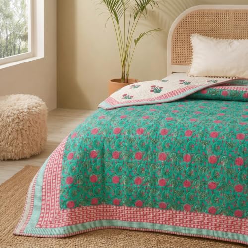 Image of Peepul Tree Hand Block Printed 100% Cotton Malmal AC Comforter 60x90 Inches, Best for Summers Lightweight, Soft, Breathable & Reversible AC Blanket for Single Bed, Floral White & Blue