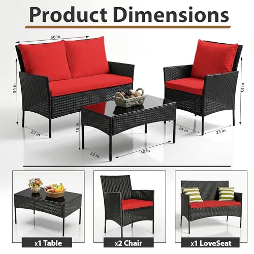 Image of OUTLIVING Outdoor 4 Seater Sofa Set || Patio Furniture Sets || Balcony Sofa || Indoor Sofa || Wicker Rattan Garden Sofa Set with Cushion and Center Table (Black /Red)