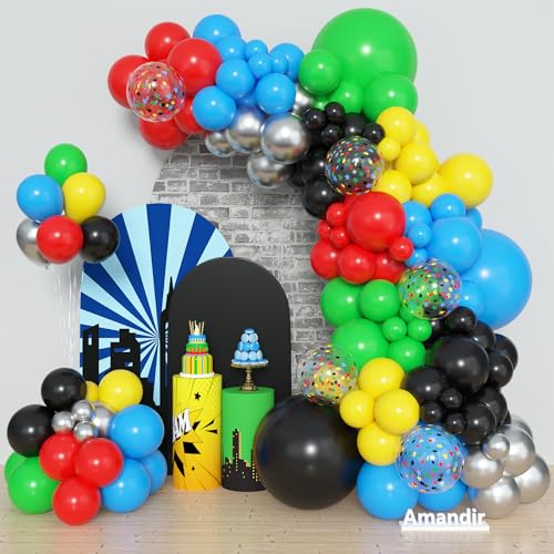 Image of Amandir 153pcs Red Blue Yellow Black Green Balloon Arch Kit Different size | 18 12 10 5inch Metallic Silver Star Confetti Colorful Balloons Birthday Carnival Video Themed Party Decorations