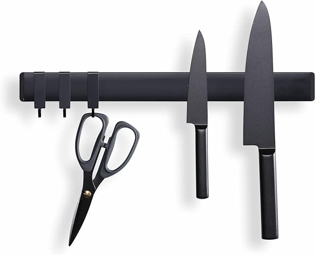 Magnetic Knife Strip Holder with 3 Hooks 16 Inch - Auti-Rust & Corrosion Resistance - 25% Stronger Magnet - Easy Installation - Space Saver Stainless Steel Magnet Knife Rack - by KITCHENDAO