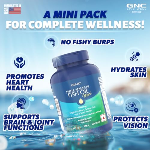Image of GNC 1500 Mg Triple Strength Fish Oil Mini Omega 3 Softgels For Men & Women| 60 Mini Softgels|540 MG EPA & 360 MG DHA|Improves Memory|Protects Vision|No Fishy Burps|For Men & Women |Formulated In USA