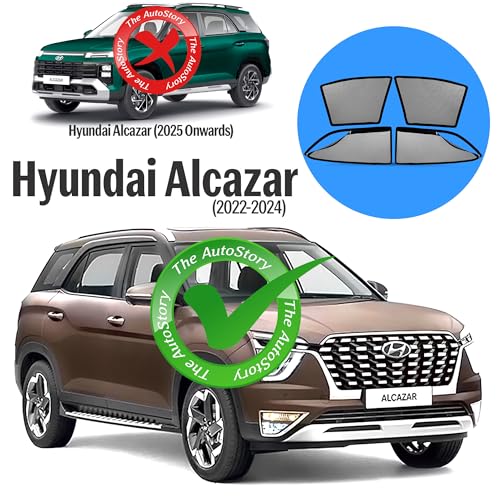 Image of AutoStory Magnetic Car Sunshade for Hyundai Alcazar | Front Half Cut for Mirror Visibility + Rear Full Coverage with Zipper | Heavy Heat & UV Protection | Privacy Side Window Curtains Shades