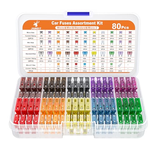 JOREST 80Pcs Car Fuse Assortment Kit, 26 Mini Blade Fuses Automotive + 25 Standard Auto Fuses + 22 Micro Fuse + 7 Micro2 – for RV/Truck/Motorcycle(2A 3A 5A 7.5A 10A 15A 20A 25A 30A 35A 40A)