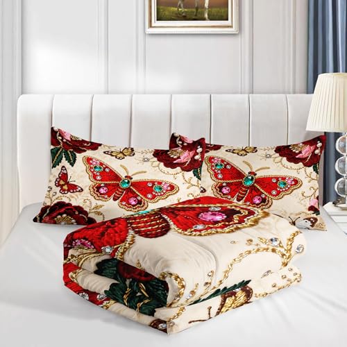 Image of AILONEN Butterfly Floral Comforter Set for Women Girls Adults Decor Full Size,Red Gold Gemstone Bedding Sets,3-Piece,1 Quilt with 2 Pillowcases,Soft Breathable
