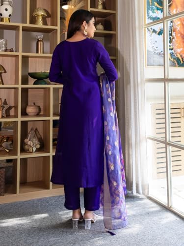 Image of VredeVogel Women's Beads Embroidered Silk Blend Kurta Pant Set with Organza Dupatta | Perfect for Festive & Casual Ethnic Kurta Set for Women