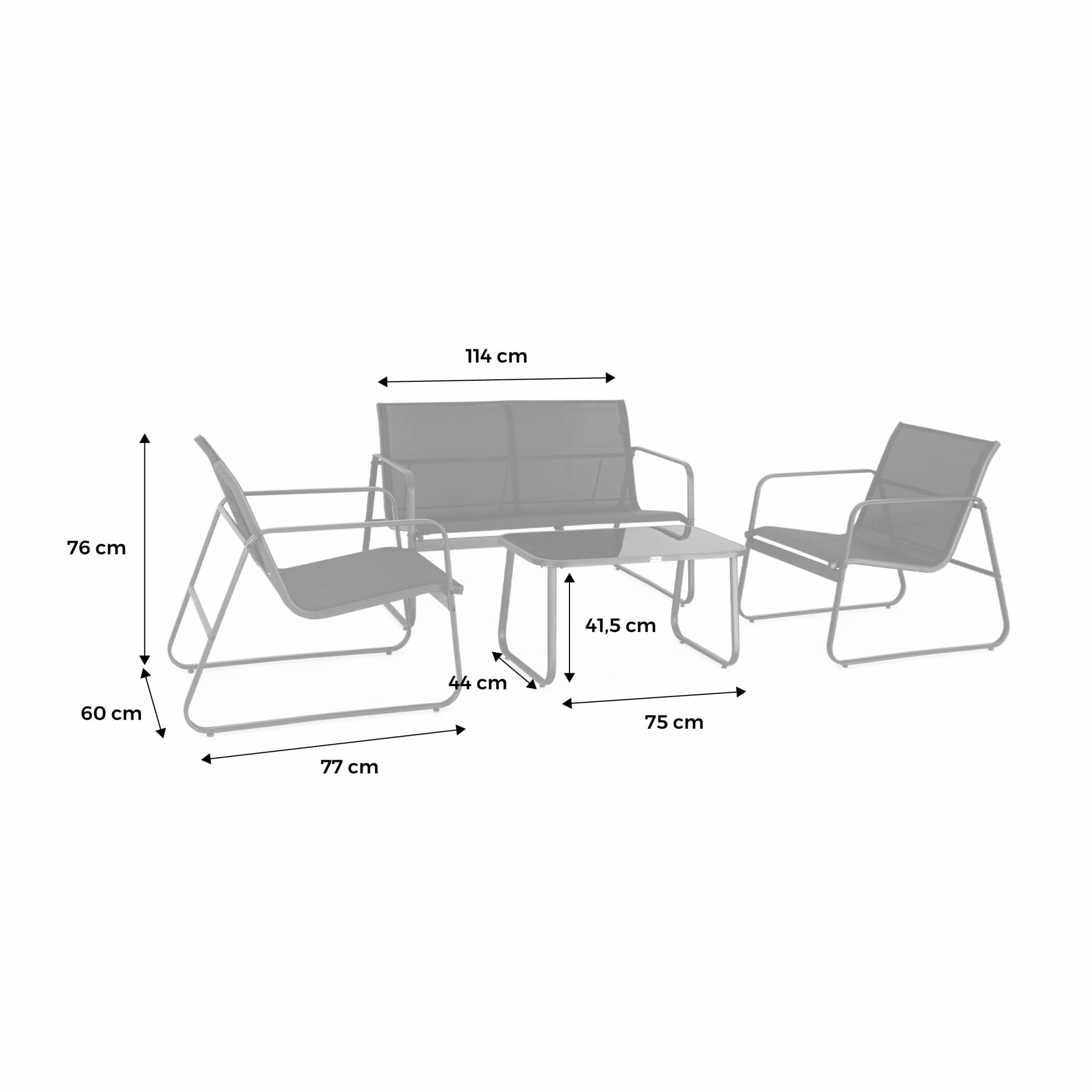 Salon de Jardin en métal et textilène pour 4 Personnes. Noir. Design