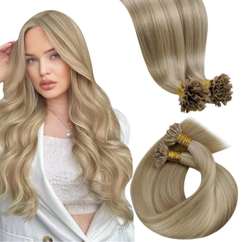 LaaVoo Extension Cheveux Naturel Keratine Blond Highlight Platine 50g 50 Mèche Extension Cheveux Humain Keratine Mélange Blond Doré et Or Clair Moyen 35cm...