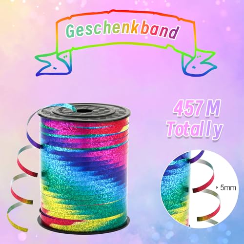Tikplus Geschenkband, 457 Meter Geschenkbänder, 5 mm Kräuselband Ringelband Regenbogen, Schleifenband Glänzend Bunt Glitzer, Ballonband für Geschenkverpackung Schleifen Hochzeit Deko