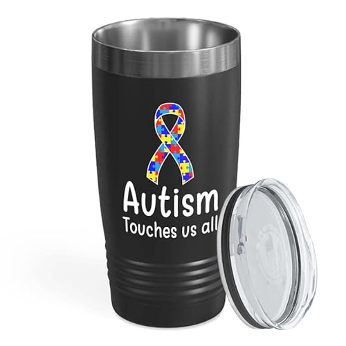 Flairy Land Autism Awareness Day Tumbler 20oz Black -Autism Touches Us All - Acceptance Autistic Child Fighter Mom Speech Therapist Superpower Kid