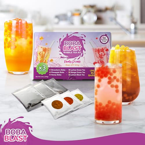 BobaBlast Bubble Tea Kit- Popping Pearls | Pack of 2-240g Set With 3 Fruity Flavours: Strawberry, Pineapple & Honey | Fun, Easy to Mix, Quick to Prepare, Delicious BobaBlast Kit for Friends & Family