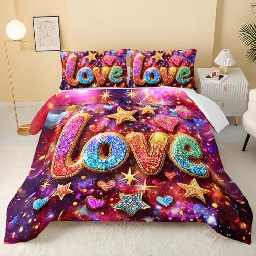 Image of QOOMO Colorful Love Kids Bedding Set,Cartoon Stars Print Comforter Set Queen Size for Boys Girls Room Decoration,Soft Lightweight Bed Set All Season,1 Comforter Set 2 Pillowcases