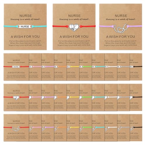 Kigeli 30 Pcs Nurse Gifts Bulk Stethoscope Heart Appreciation Bracelet Gifts Blessing Card Bracelets RN Nurse Jewelry for Women Men
