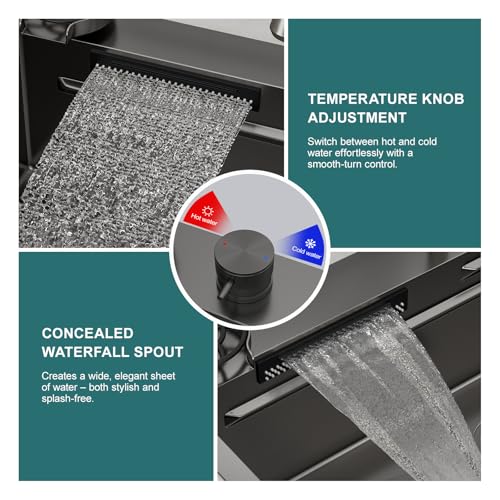 33 inch Waterfall Drop in Kitchen Sink Workstation with Faucet - 33x22 16 Gauge Stainless Steel Black Topmount Single Bowl Multifunctional Smart Waterfall Sink with Faucet Combo & Cup Washer
