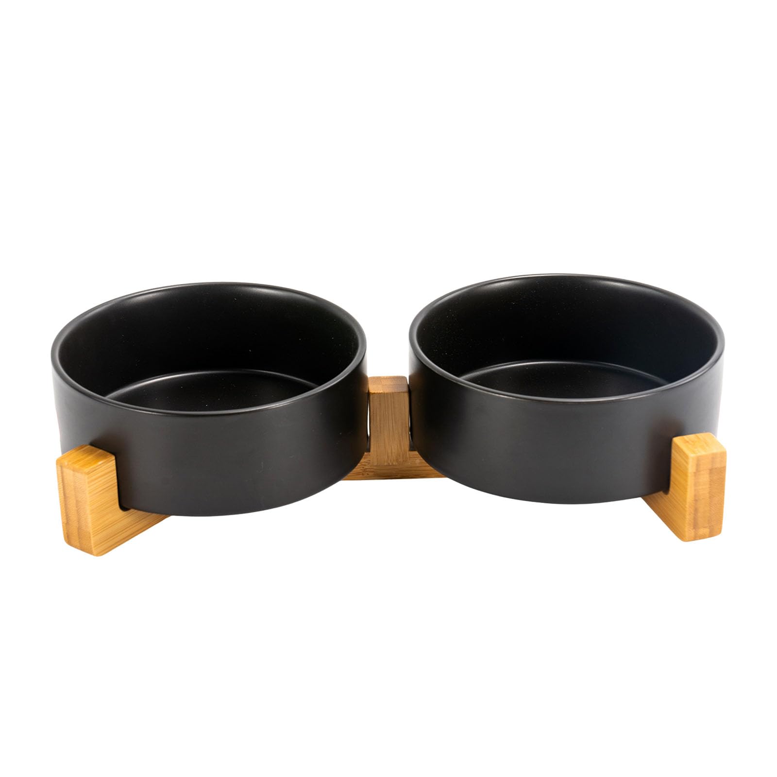SPUNKYJUNKY Ceramic Dog and Cat Bowl Set with Wooden Stand, Modern Cute Weighted Food Water Bowl Set for Medium to Large Size Dogs (42 OZ, 2 × Black)
