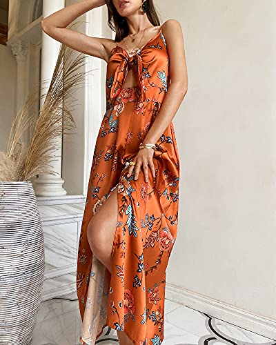 Image of Fashionme Women Spaghetti Strap Midi Satin Dresses Tie Front Backless Slit Cutout Dress Semi-Formal /Casual Flowy Lightweight