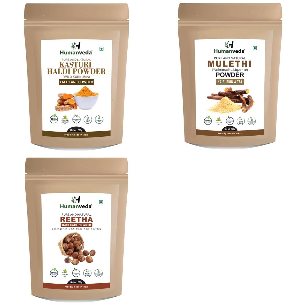 Pure Kasturi Haldi Wild Turmeric, Mulethi Licorice Powder and Reetha Soapnut Powder Combo Pack for Comprehensive Hair Care and Radiant Glowing Skin Rejuvenation Ayurvedic Product and Natural Organic Herbal Fine Pow-image-13