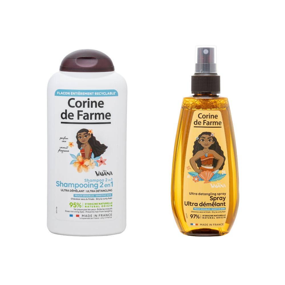 Corine de Farme Vaiana Shampooing Ultra-Démêlant 300 ml + Spray Ultra-Démêlant 200 ml – Routine Cheveux Secs et Frisés Enfant – Dès 3 Ans – Disney