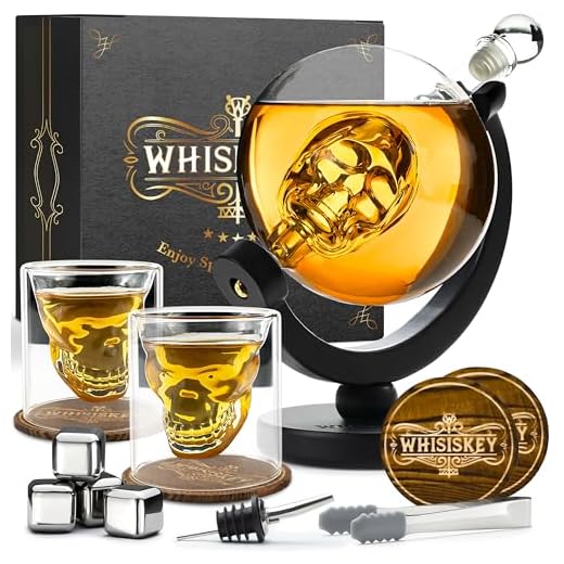 Whisiskey Whisky Karaffe Set - Whiskey Geschenkset - Geschenke für Männer - Männergeschenke Geschenk - Geburtstagsgeschenk Mann - Skull Dekanter 900ML, Geschenkbox, 2 Whisky Gläser, 4 Whisky Steine