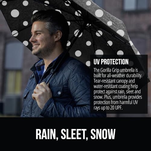 Image of GORILLA GRIP Compact Travel Size Umbrella for Rain, Sleek Design Fits Backpack, Purse and Carry On, Lightweight Under 1lb, One Click Open and Close, Wind Resistant, Durable Waterproof, Polka Dots