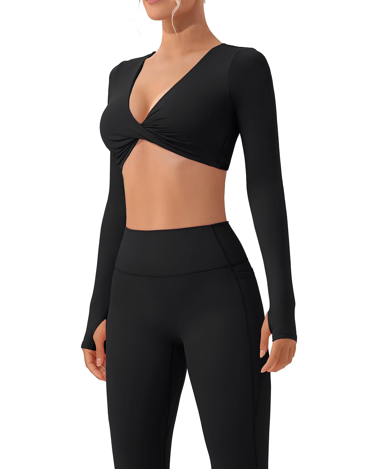 SUUKSESS Women 2 Piece Workout Sets Long Sleeve Twist Deep V Crop Padded Tops Yoga Leggings with Side