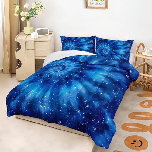 Image of AILONEN Tie Dye Comforter Set Queen Size,Galaxy Space Bedding Set 3Pcs for Kids Teens Adults,Deep Blue Tie-Dye Spiral Quilt with 2 Pillowcases,All Season