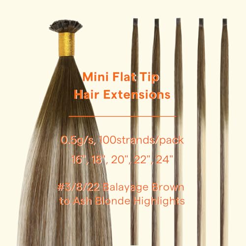 Image of Full Shine Mini Flat Tip Human Hair Extensions Balayage Brown Ash Blonde