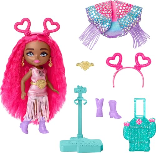 Barbie Extra Fly Minis Travel Doll, Desert Festival Look with Magenta Hair in Fringe Jacket, Dress & Accessories, 5.5-inch