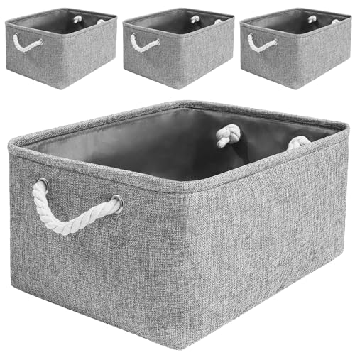 Mangata Caja de almacenamiento plegable, cesta de almacenamiento de tela gruesa con asas para estantes de juguetes(paquete de 4, Gris, M)