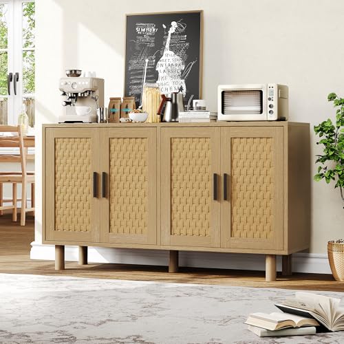 MIOOSUT Aparador de cocina con 4 puertas, aparador de cocina, aparador de ratán para cocina, comedor, salón (roble, 140 x 40 x 80)
