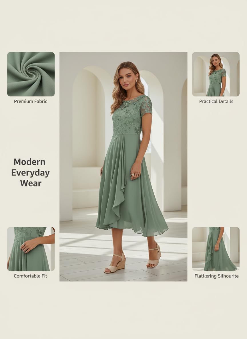 Women Chiffon Maxi Dress Lace Bodice Short Sleeve Flowing Skirt Elegant Wedding Guest Cocktail Party Formal Dress