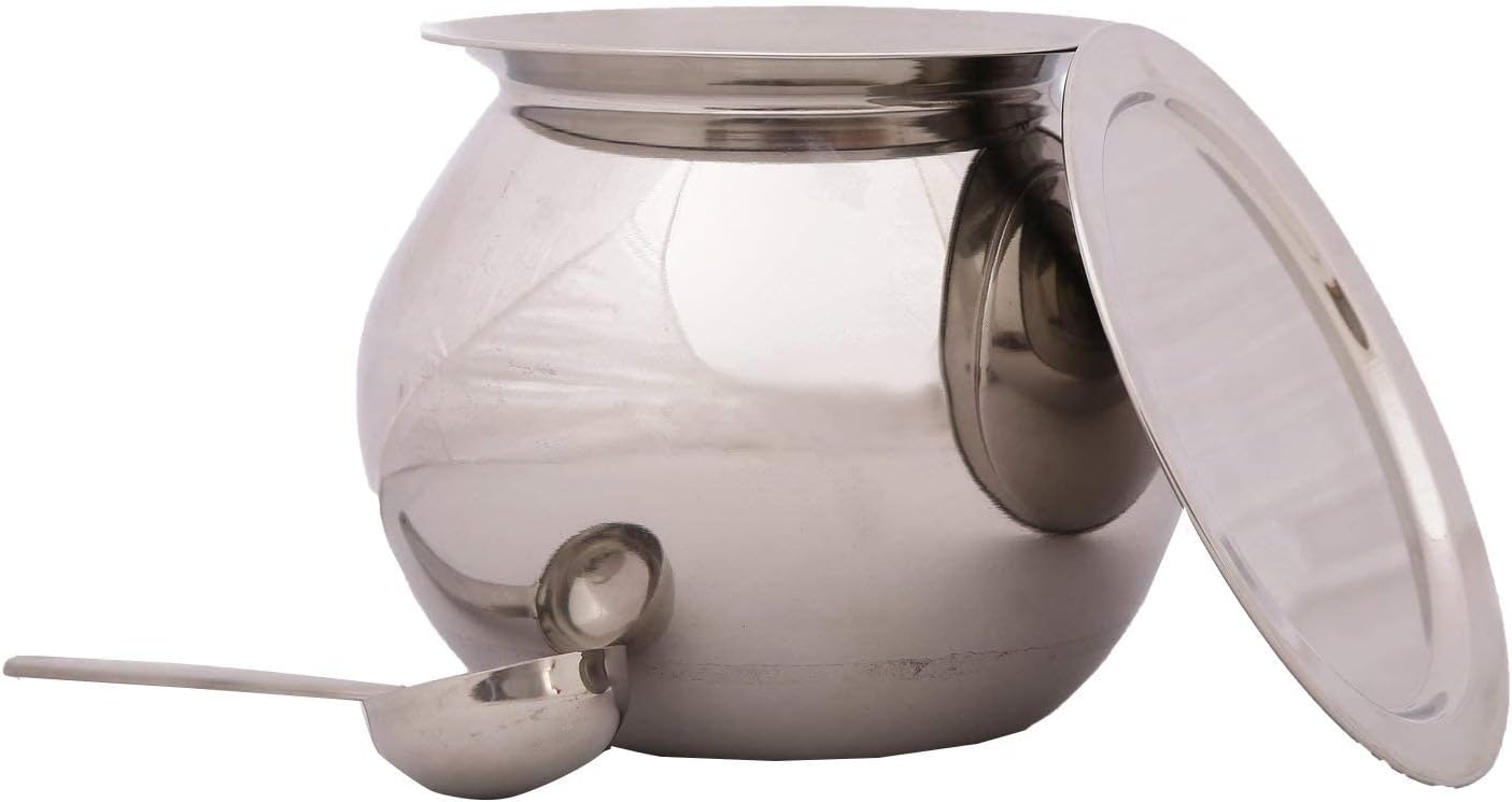 Stainless Steel Pongal Pot/Gundu/Cooker/Handi 2L (Medium, Silver) with Lid and Spoon | Ideal for Pongal, Upma, Sweets | 750g