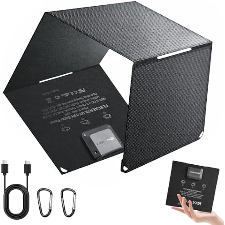ELECAETNA 30W Solar Panel, HPBC Solar Cells with 25.4% Conversion, USB C & USB QC3.0 Fast Charging, 1.1lbs Ultra Light, Foldable and Portable Solar Charger for Cellphones Tablet Camping Backpacking