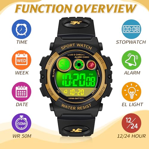 Image of Dayllon Kids Digital Watch,Boys Digital Outdoor Sport Waterproof Watch,with Calendar 12 /24H Alarm 7 Colorful Backlight Stopwatch Wristwatch for 3-15 Years Old