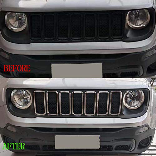 Image of Front Grill Inserts for Jeep Renegade 2019-2023 ABS Chrome Silver | Front Grille Frame,Tape Install No Drill /Cut,Scratch-Resistant, Dustproof, Stylish & Easy Clean